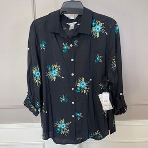 Multiples NWT 3X Black Button Down Embroidered Floral Blouse Shirt Top Roll Tab